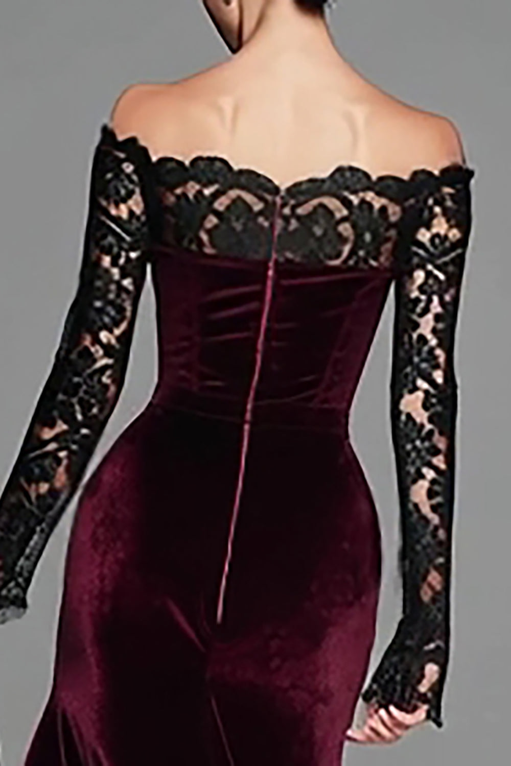 Burgundy Velvet Mermaid Long Sleeves Holiday Party Dress with Lace