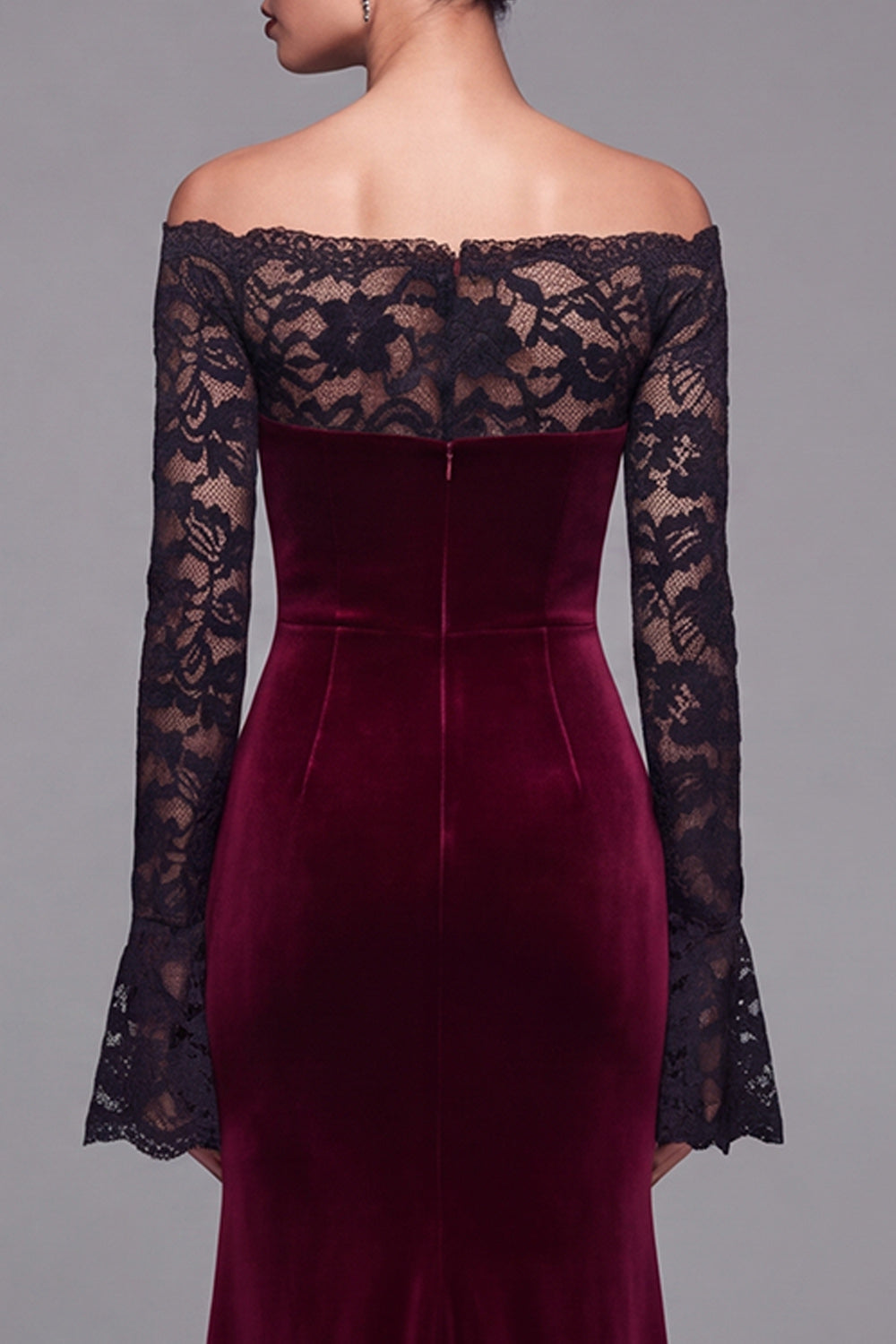 Burgundy Velvet Lace Off the Shoulder Mermaid Long Sleeves Formal Dress
