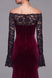 Burgundy Velvet Lace Off the Shoulder Mermaid Long Sleeves Formal Dress