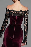 Burgundy Velvet Mermaid Long Sleeves Holiday Party Dress with Lace