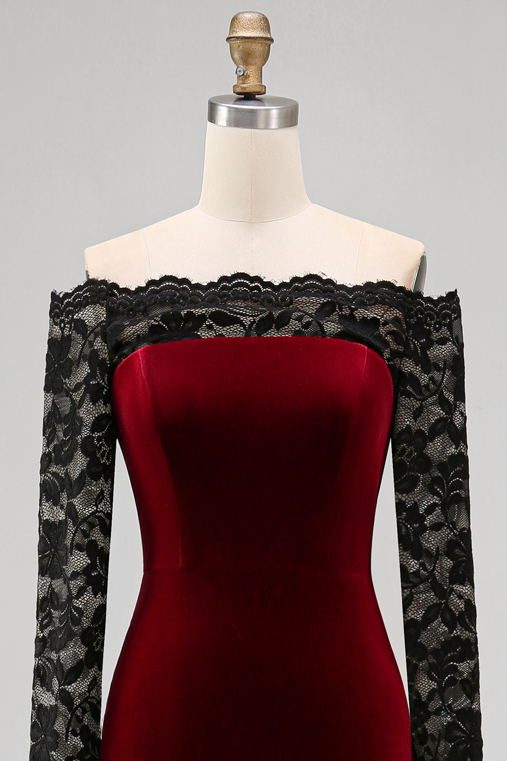 Burgundy Velvet Lace Off the Shoulder Mermaid Long Sleeves Formal Dress