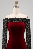 Burgundy Velvet Lace Off the Shoulder Mermaid Long Sleeves Formal Dress