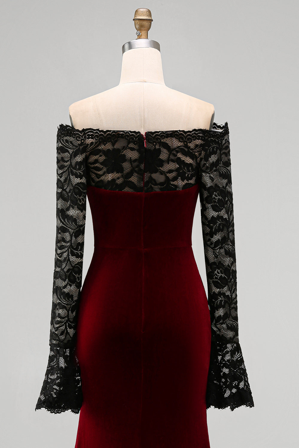 Burgundy Velvet Lace Off the Shoulder Mermaid Long Sleeves Formal Dress