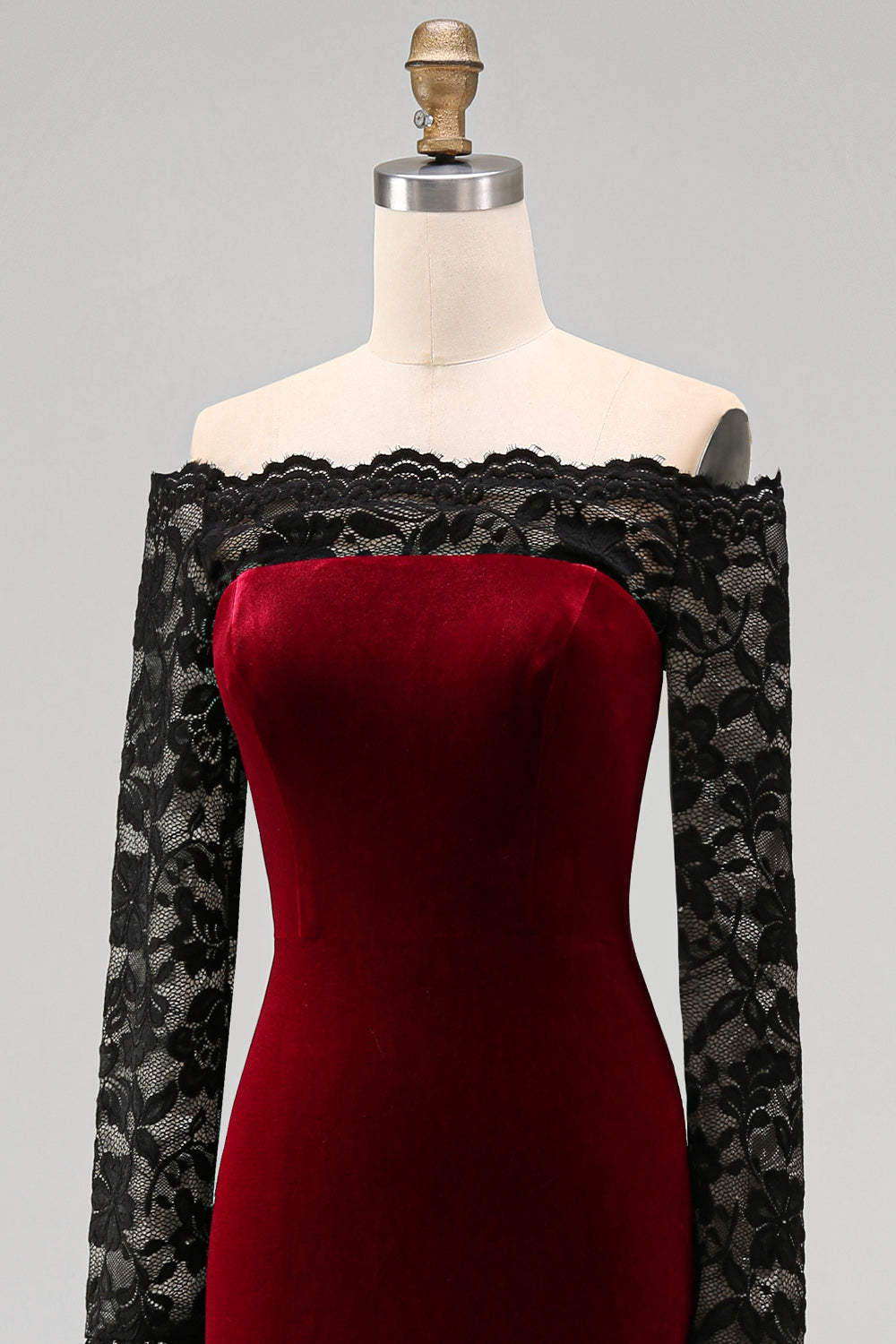 Burgundy Velvet Lace Off the Shoulder Mermaid Long Sleeves Formal Dress