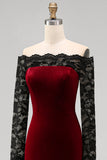 Burgundy Velvet Lace Off the Shoulder Mermaid Long Sleeves Formal Dress