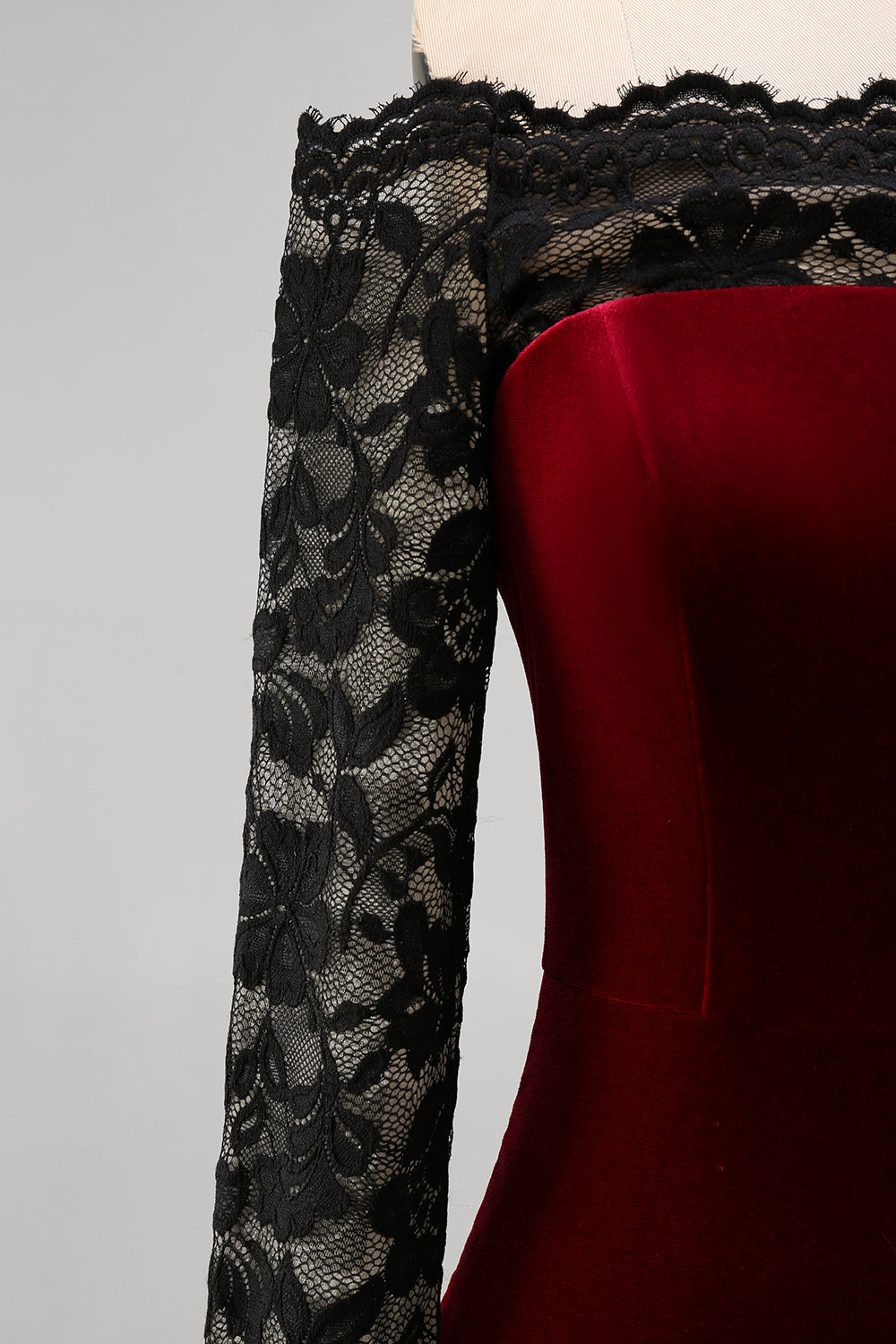 Burgundy Velvet Lace Off the Shoulder Mermaid Long Sleeves Formal Dress
