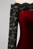 Burgundy Velvet Lace Off the Shoulder Mermaid Long Sleeves Formal Dress