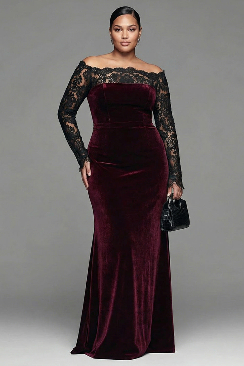 Plus Size Burgundy Velvet Mermaid Long Sleeves Holiday Party Dress with Lace