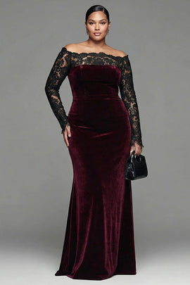 Plus Size Burgundy Velvet Mermaid Long Sleeves Holiday Party Dress with Lace