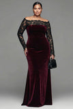 Plus Size Burgundy Velvet Mermaid Long Sleeves Holiday Party Dress with Lace