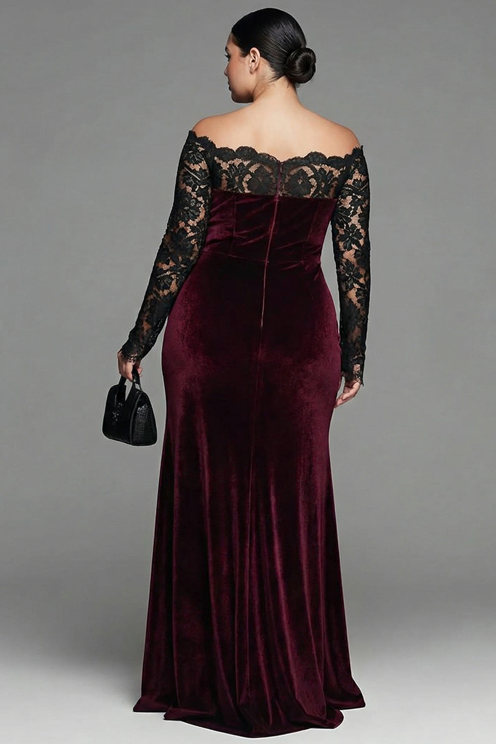 Plus Size Burgundy Velvet Mermaid Long Sleeves Holiday Party Dress with Lace