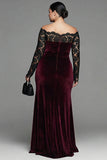 Plus Size Burgundy Velvet Mermaid Long Sleeves Holiday Party Dress with Lace