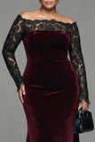 Plus Size Burgundy Velvet Mermaid Long Sleeves Holiday Party Dress with Lace