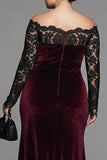 Plus Size Burgundy Velvet Mermaid Long Sleeves Holiday Party Dress with Lace