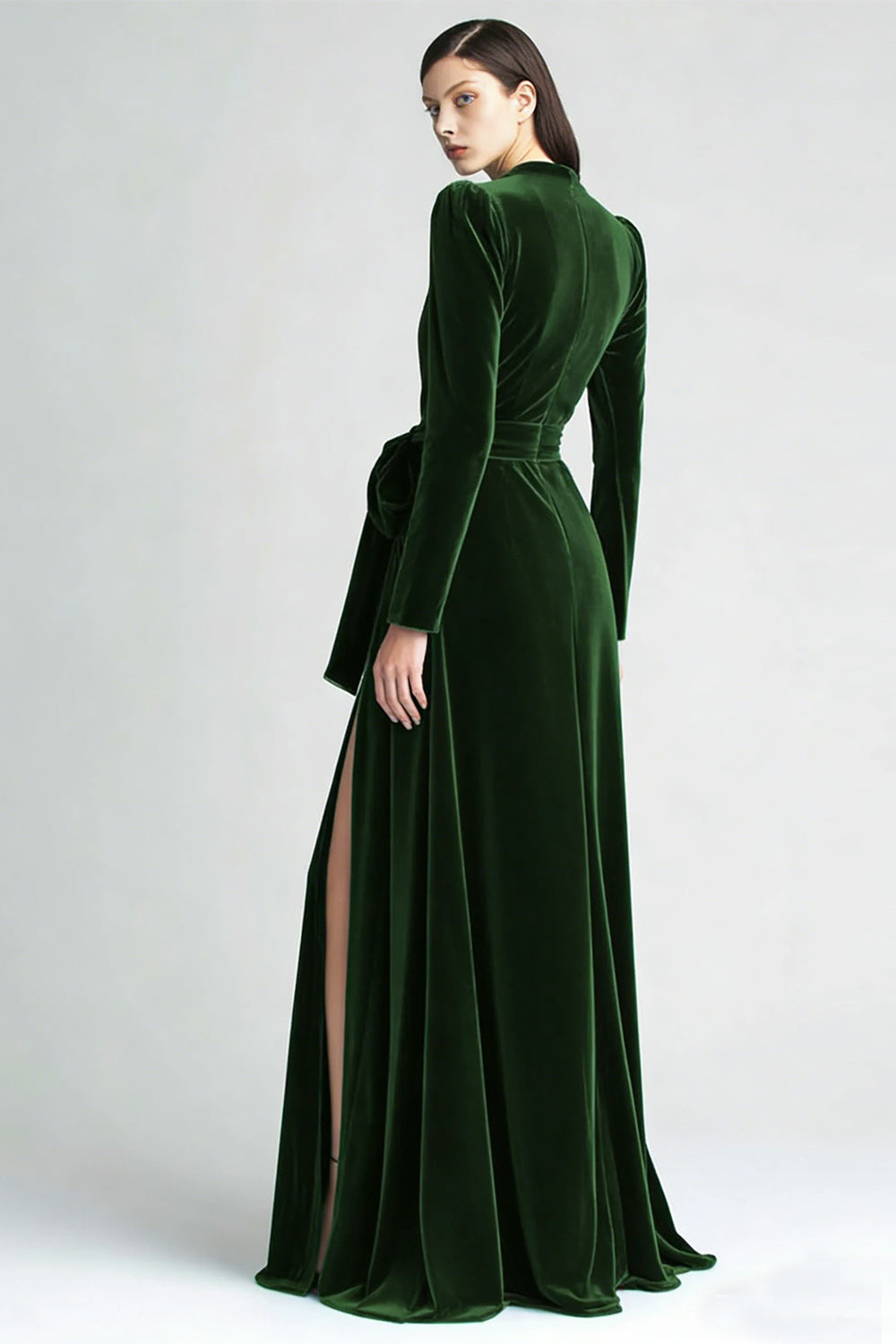 Peacock Blue Velvet A Line Pleated Long Sleeves Formal Dress with Sash