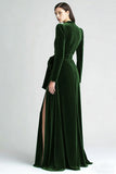 Peacock Blue Velvet A Line Pleated Long Sleeves Formal Dress with Sash