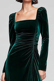 Dark Green Sheath Velvet Square Neck Long Sleeves Holiday Party Dress with Slit