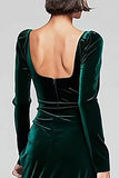 Dark Green Sheath Velvet Square Neck Long Sleeves Holiday Party Dress with Slit