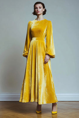 Yellow A Line Velvet Round Neck Long Sleeves Holiday Party Dress