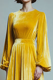 Yellow A Line Velvet Round Neck Long Sleeves Holiday Party Dress