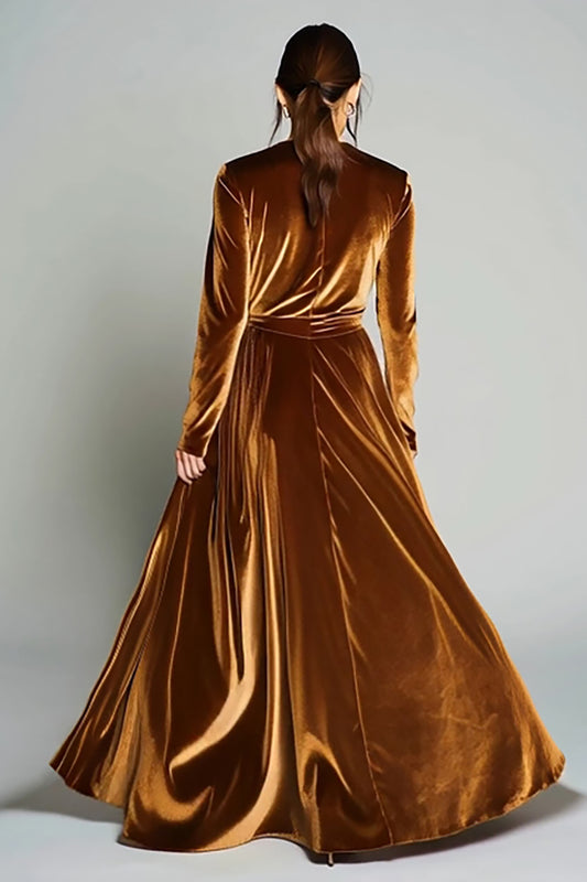 Brown Velvet A Line Pleated Long Sleeves Holiday Party Dress