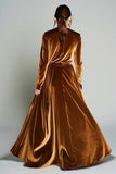 Brown Velvet A Line Pleated Long Sleeves Holiday Party Dress
