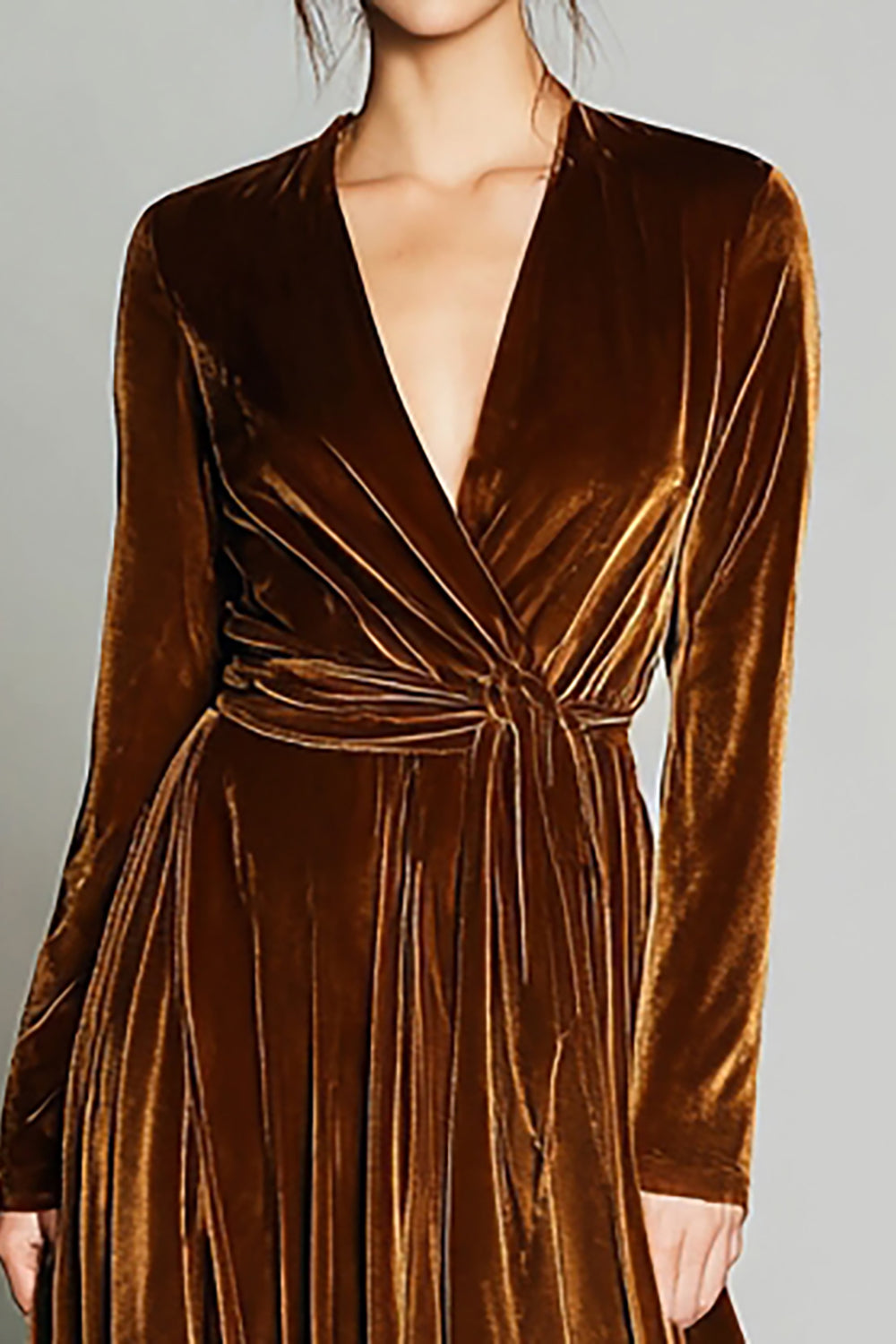Brown Velvet A Line Pleated Long Sleeves Holiday Party Dress