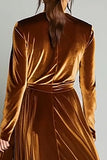 Brown Velvet A Line Pleated Long Sleeves Holiday Party Dress