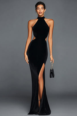 Black Velvet Mermaid Halter Long Holiday Party Dress with Slit