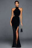 Black Velvet Mermaid Halter Long Holiday Party Dress with Slit