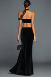 Black Velvet Mermaid Halter Long Holiday Party Dress with Slit