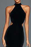 Black Velvet Mermaid Halter Long Holiday Party Dress with Slit