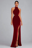 Black Velvet Mermaid Halter Long Holiday Party Dress with Slit