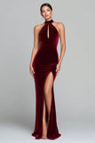 Burgundy Velvet Mermaid Halter Keyhole Long Holiday Party Dress with Slit