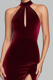 Burgundy Velvet Mermaid Halter Keyhole Long Holiday Party Dress with Slit