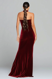 Burgundy Velvet Mermaid Halter Keyhole Long Holiday Party Dress with Slit