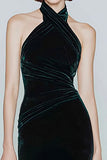 Dark Green Halter Velvet Mermaid Long Holiday Party Dress