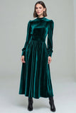 Peacock Green A Line Velvet Long Holiday Party Dress with Sleeves