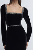 Sparkly Black Velvet Long Sleeves Holiday Party Dress with Beading