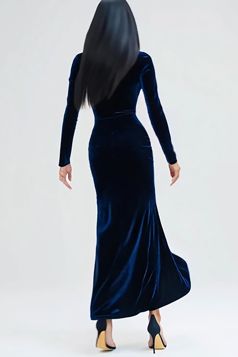 Navy Velvet Mermaid Long Sleeves Holiday Party Dress with Slit