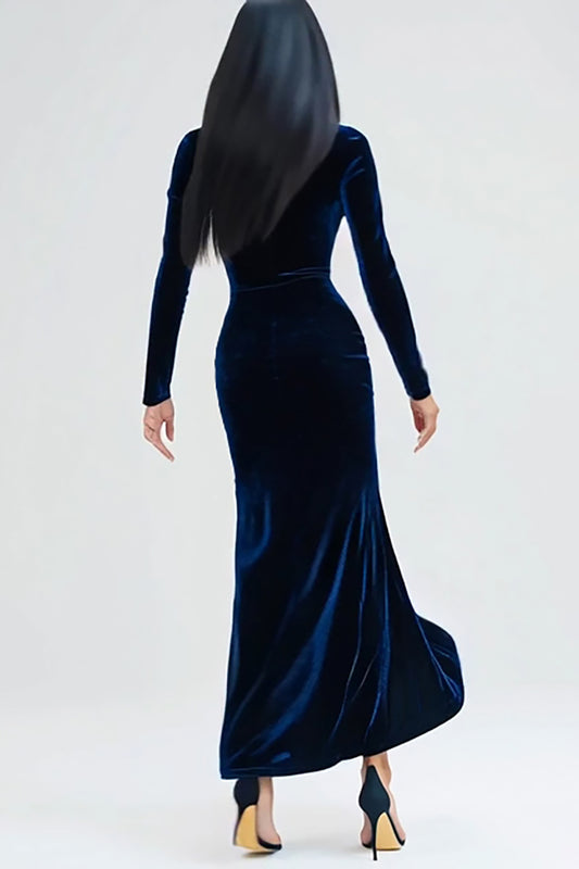 Navy Velvet Mermaid Long Sleeves Holiday Party Dress with Slit