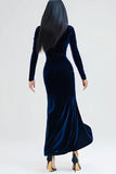 Navy Velvet Mermaid Long Sleeves Holiday Party Dress with Slit