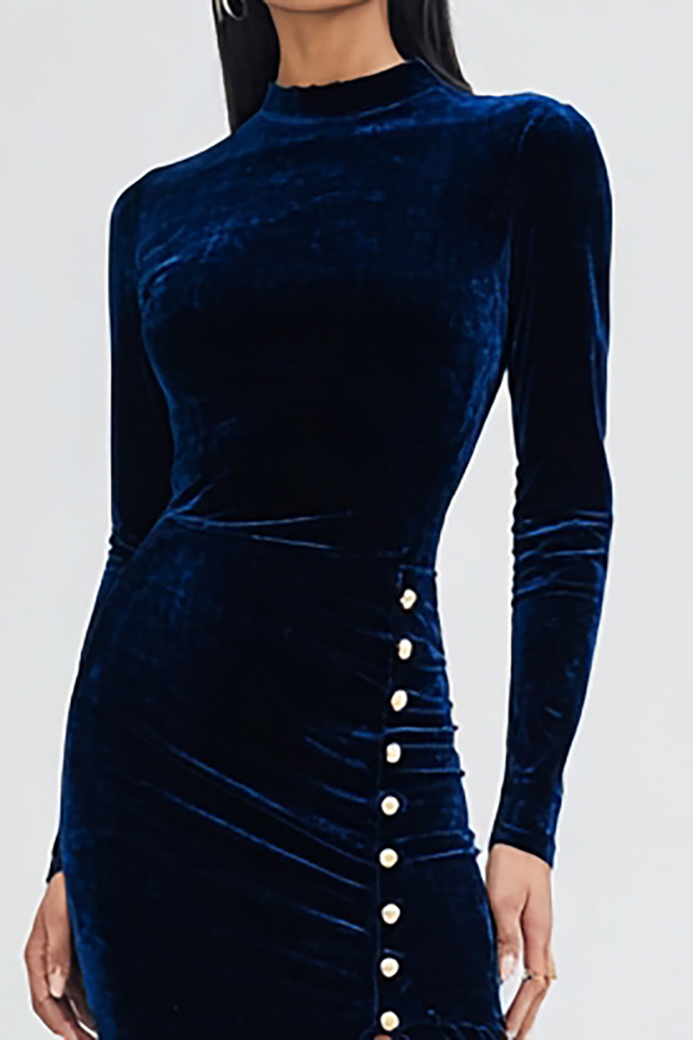 Navy Velvet Mermaid Long Sleeves Holiday Party Dress with Slit