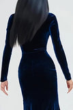 Navy Velvet Mermaid Long Sleeves Holiday Party Dress with Slit