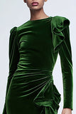 Green Velvet Mermaid Long Ruffled Holiday Party Dress with Sleeves