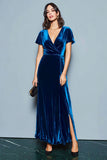Dark Blue Velvet V-Neck Long Holiday Party Dress with Slit