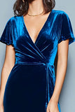 Dark Blue Velvet V-Neck Long Holiday Party Dress with Slit