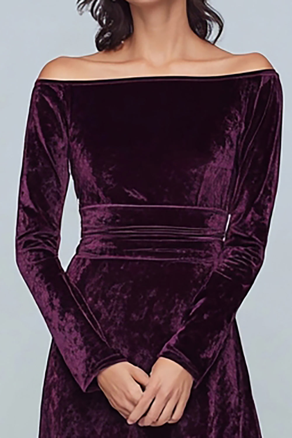 Plum Velvet A Line Long Holiday Party Dress with Sleeves
