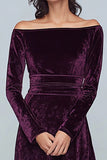 Plum Velvet A Line Long Holiday Party Dress with Sleeves