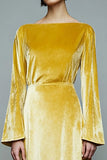 Yellow Velvet Long A Line Holiday Party Dress with Sleeves